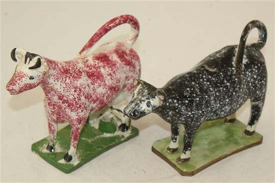 Two Yorkshire type pearlware cow creamers, c.1820, length 20cm, some faults